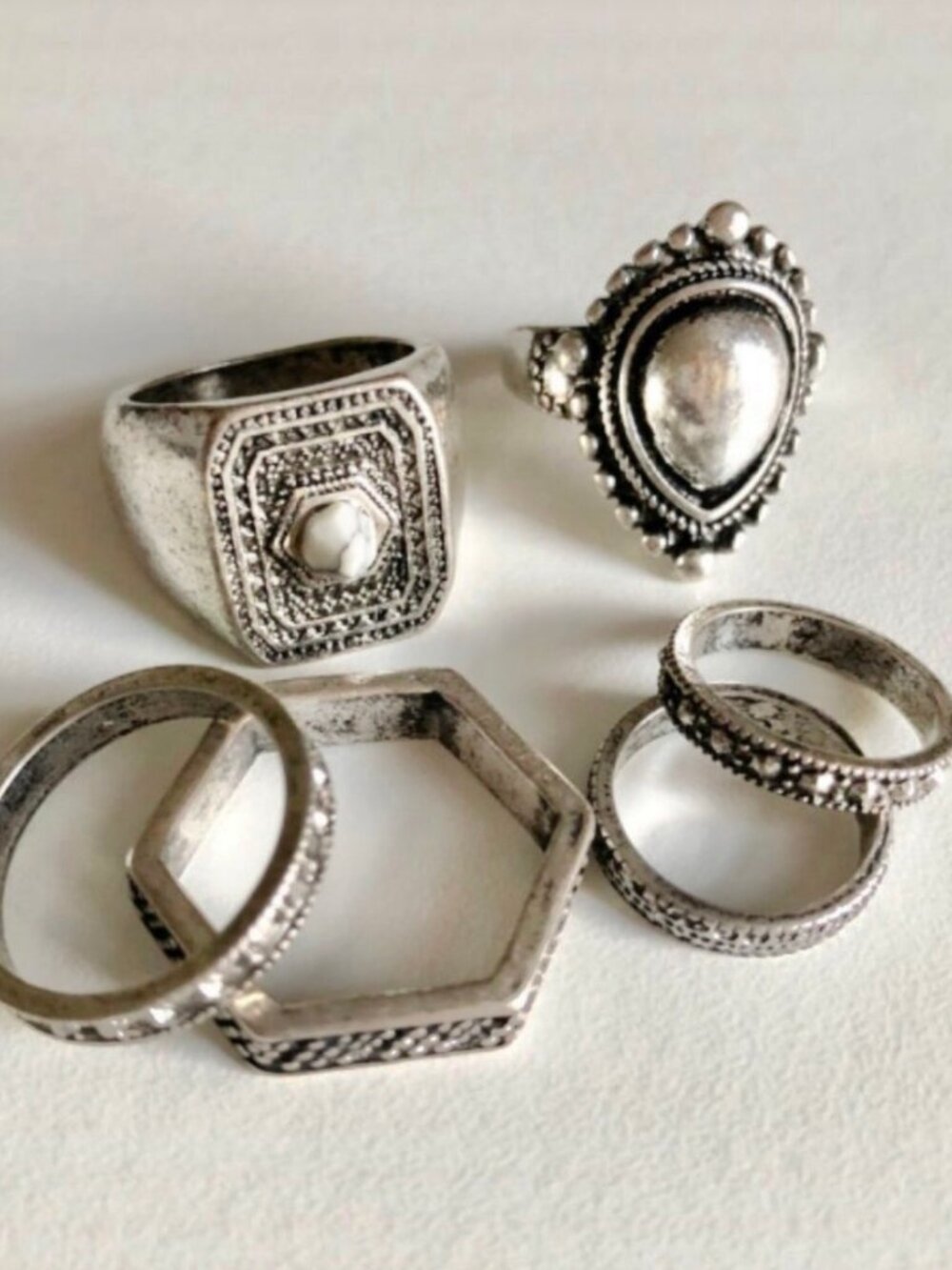 Boho Burnished Silver Fashion Rings Set of 6
